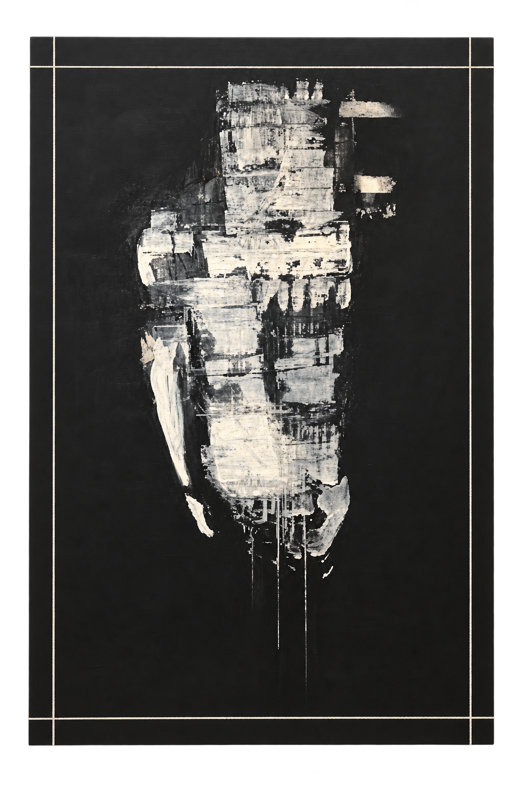 An abstract face in white and gray gestures on a black panel with thin white border lines.