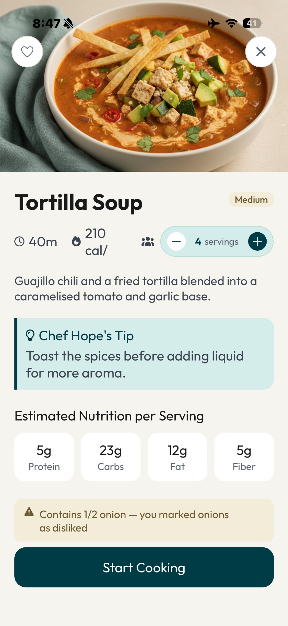 The Food Maestro Tortilla Soup recipe detail screen with Chef Hope's tip.