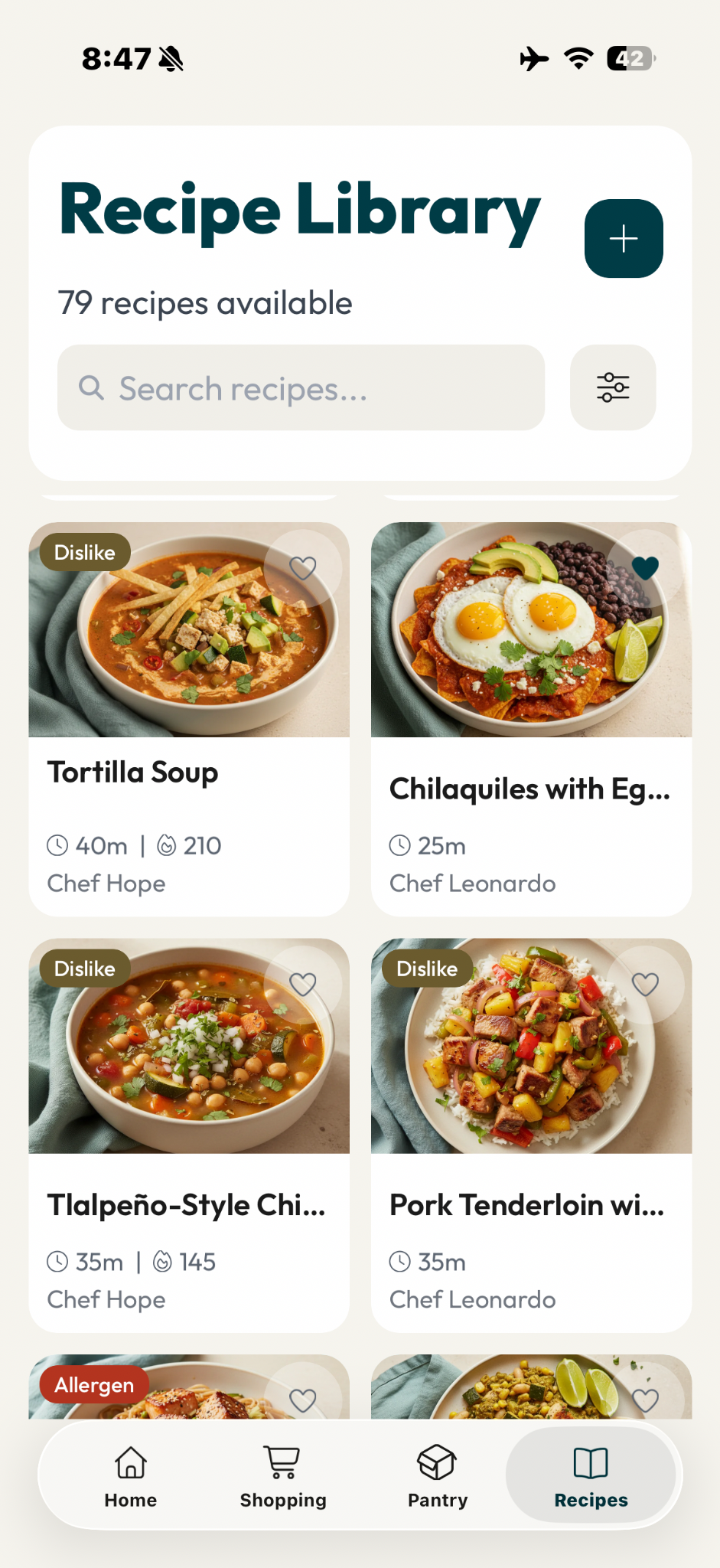The Food Maestro Recipe Library screen showing recipe choices and preference labels.