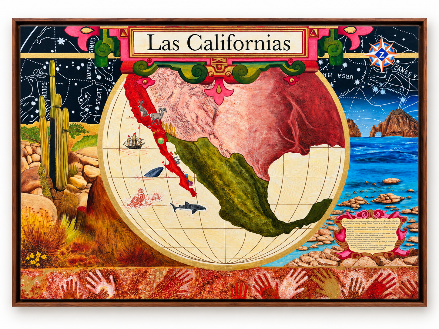 Las Californias — a painted map inside a gilded globe, surrounded by Baja California landscapes, constellations and painted handprints.