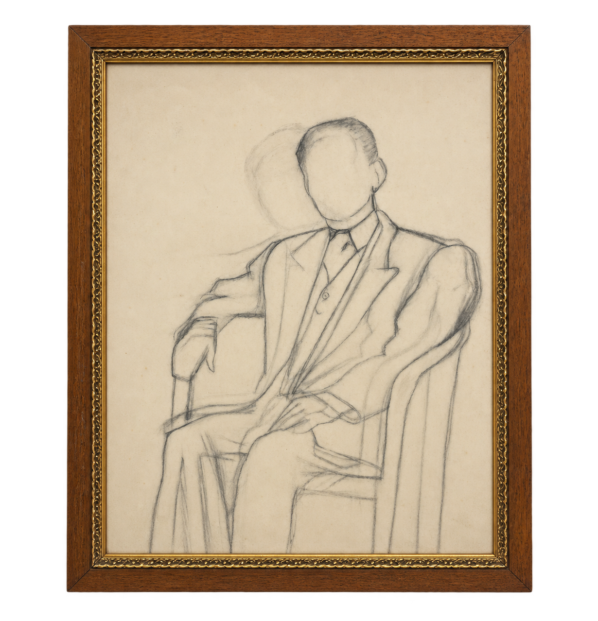 Delicate lines of a seated figure with an unfinished face, in a wooden frame with gold inner molding.